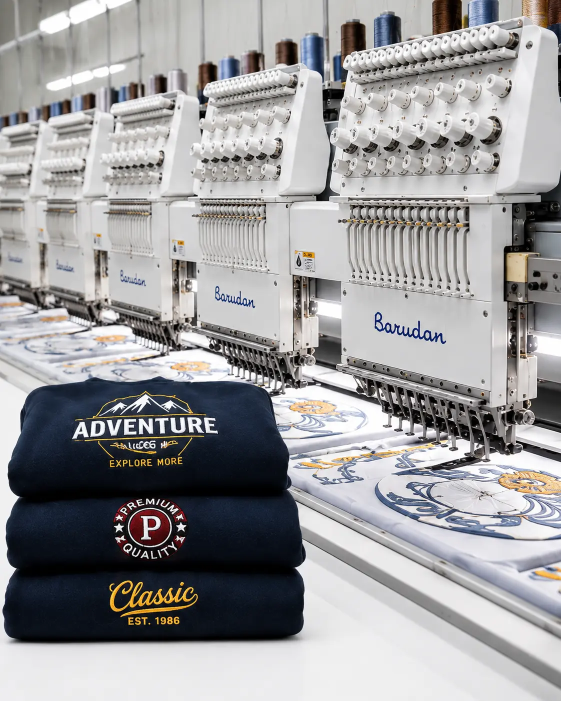 Barudan embroidery machine producing bulk embroidery digitizing orders for apparel businesses