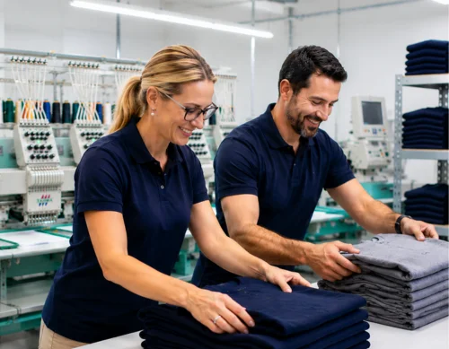 Workers folding shirts in a warehouse for an embroidery business