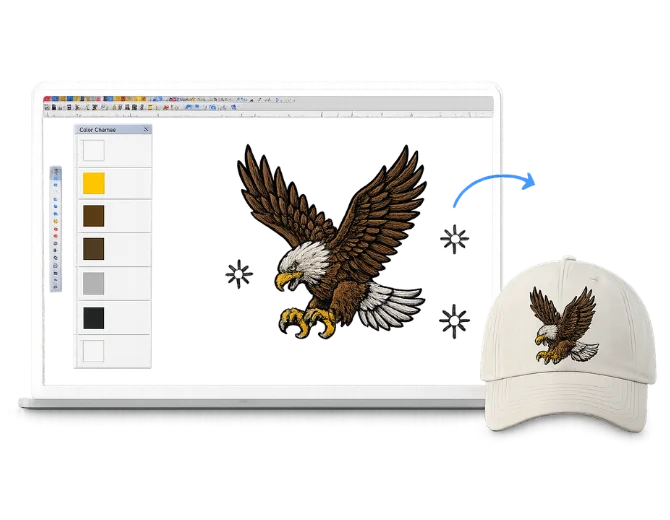 Before and after comparison of a eagle embroidery design – digital preview before digitizing and final sewn-out embroidery on a beige cap